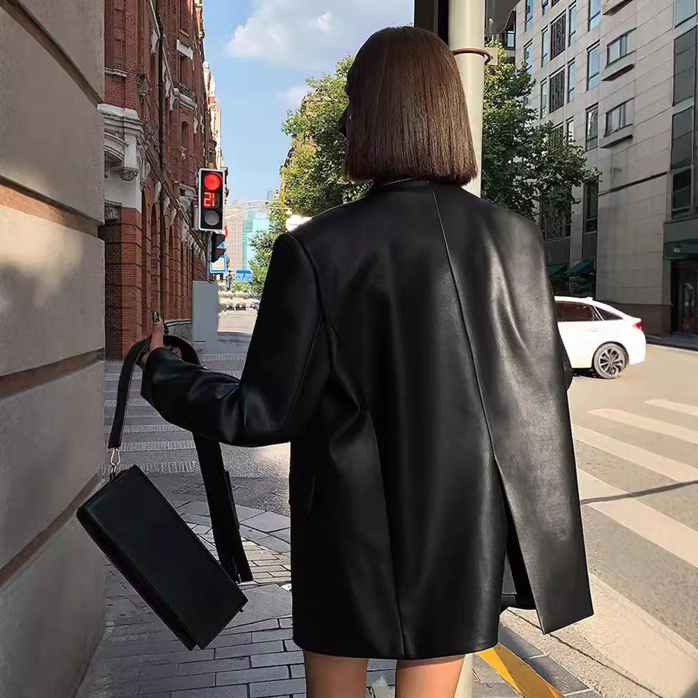 Women Black Brown Soft PU Blazer Shoulder Pads Long Sleeve Single Breasted Loose Casual Jacket Tops Korean Fashion Coat