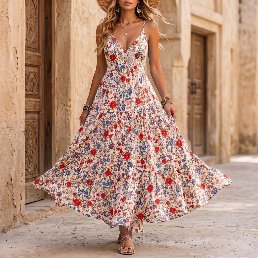 Damen Freizeit Maxikleid mit Blumendruck und Spaghettiträgern Leicht Ärmellos Strandurlaub Langes Sommerkleid Lockerer Schnitt Sommerkleid