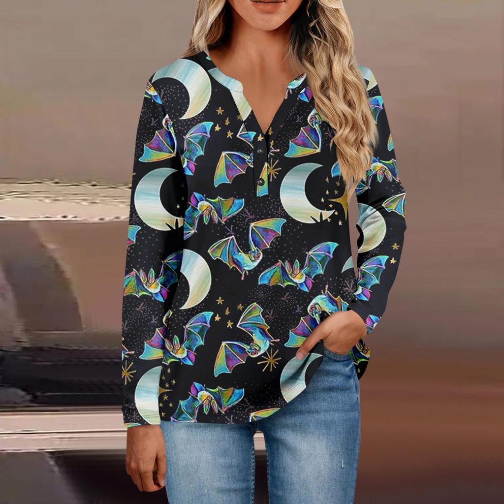 Damen-Oberteile mit Knopfleiste, lässige Oberteile für jeden Tag, langärmelig, V-Ausschnitt, modisches Print-Shirt, Tops, T-Shirt mit Tasche, Sweatshirts