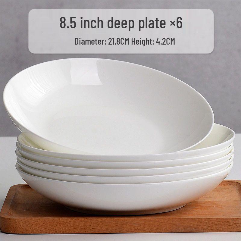 6-piece White Porcelain Deep Dinner Plate Set, 6-inch