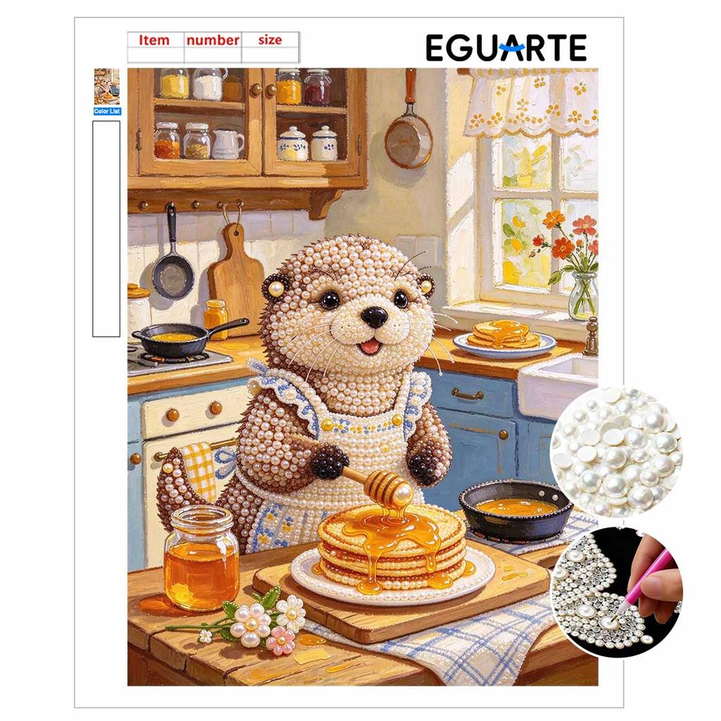 DIY 3D Pearl Diamond Painting Art Set Cute Otter Making Pancakes Home Decor Kitchen Art Set Wall Art