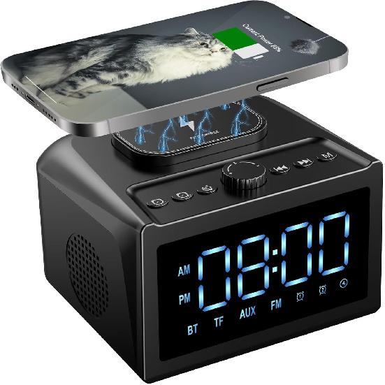 Alarm Clock for Bedroom, Digital Clock FM Radio with 15W Wireless Charging, 10W Loud Stereo Bluetooth Speaker with AUX TF USB Input, 6 Sleep White
