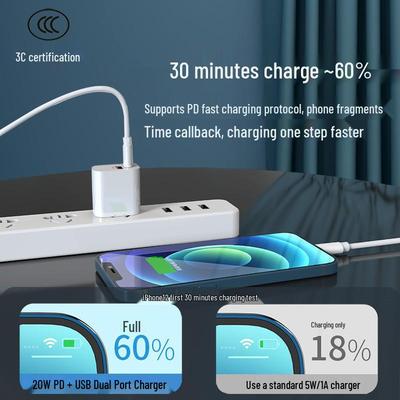 3C Certified PD20W Fast Charger - Dual Port for Apple Phones with Flash Charge Cable