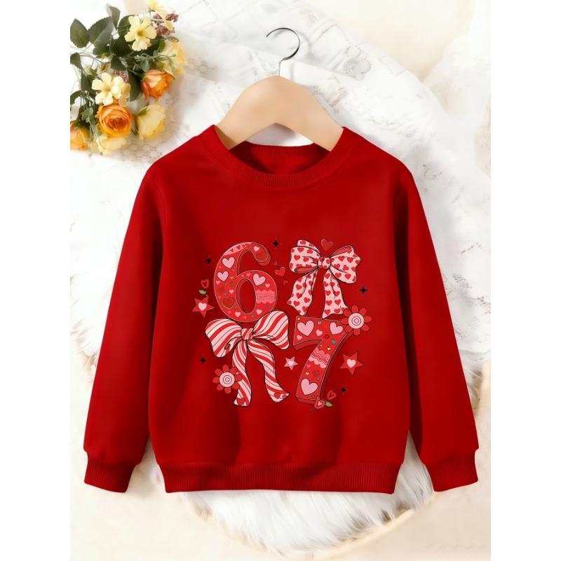 Unisex Kids Crewneck Sweatshirt, Red Heart Bow Number 67 Print Pullover, Boys Girls Cute Birthday Casual Sweatshirt For Kids Over 4 Years Old
