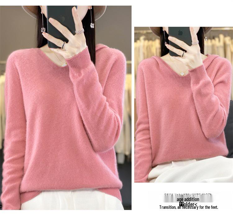 Women's V-Neck Hooded Wool Sweater - Autumn/Winter Loose Knit Pullover