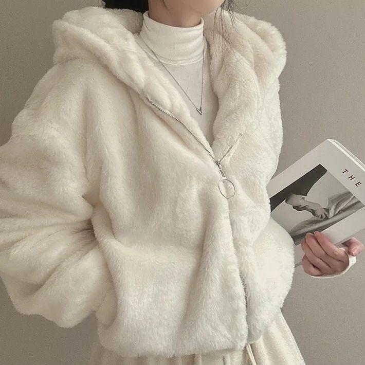 Hooded lamb wool imitation fur loose coat new autumn and winter fleece thickened sweater cardigan zipper warm