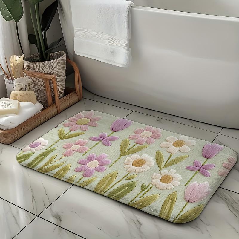 Minzgrüne Gänseblümchen-Tulpen-Badezimmermatte, Rutschfester maschinenwaschbarer Teppich, Florale Küchen-Badezimmer-Dekoration, Ideales Einweihungsgeschenk