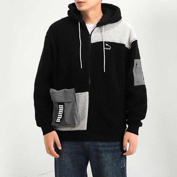 Puma Jachetă din fleece colorblock cu glugă cu fermoar complet Sherpa Retro Block Jachete pentru bărbați Negru Gri 530711-01