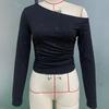 Ladies Spring Autumn Long Sleeve Skew Collar Bodycon Rhinestone Pullover Casual T Shirt  Crop Top