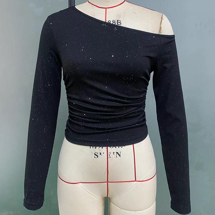 Ladies Spring Autumn Long Sleeve Skew Collar Bodycon Rhinestone Pullover Casual T Shirt  Crop Top