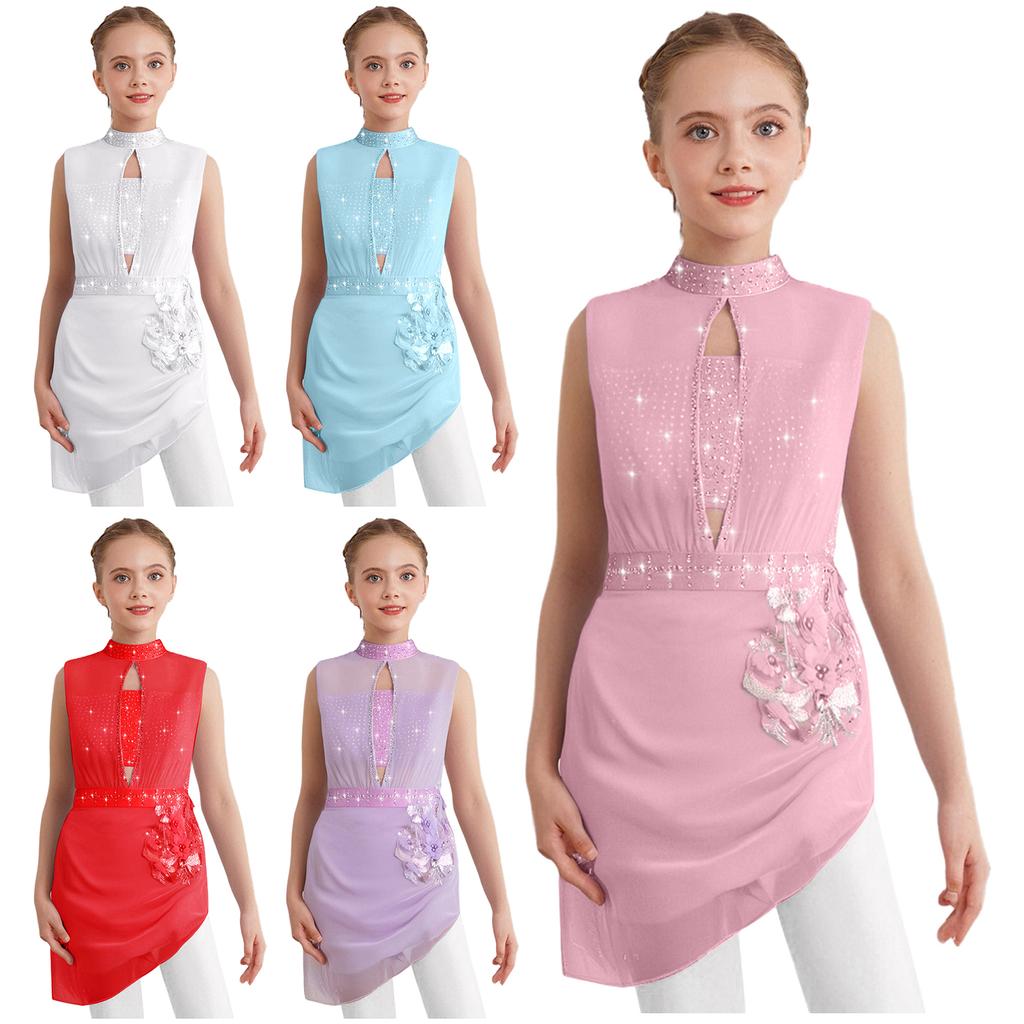 Girls Asymmetrical Skating Dress Sleeveless Backless Cutout Sheer Mesh Overlay Rhinestone Applique Competition Dance Costume