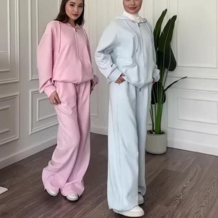 2026 Spring and Autumn New European and American Women's Clothing Cross-border Hooded Sweater Zipper Top High Waist Wide Leg Pants
