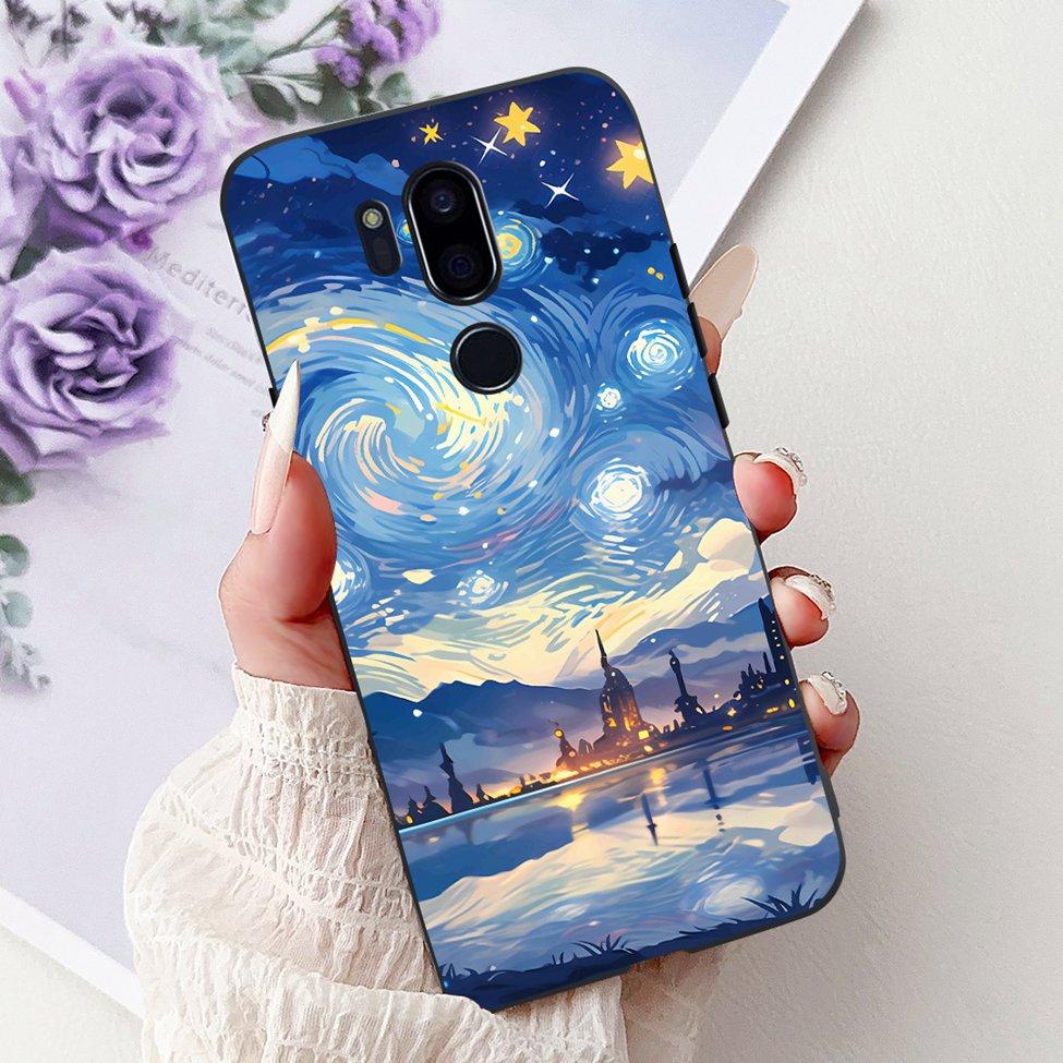Para LG G7 ThinQ Funda Silicona Negra Gato Lindo Flores de Moda Trasera Pintada Genial Para LG G7ThinQ Funda de Teléfono LMG710EM