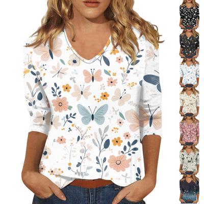 Women's Tops Three-quarter Sleeve Shirt V-neck Loose Casual Shirt Floral Print T-shirt
