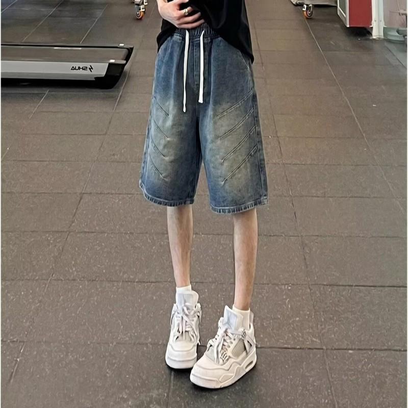 Unisex Washed Denim Shorts Loose Fit Mid-Rise Zip Fly Casual Five-Point Pants Cotton