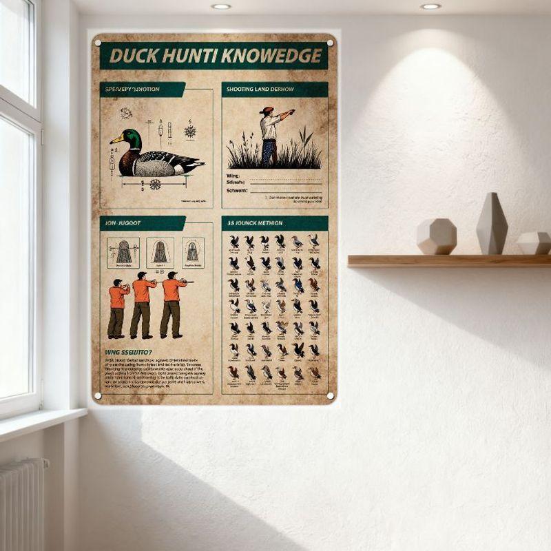 Vintage Duck Hunting Knowledge Metal Tin Sign, Mallard Species Shooting Positions Educational Poster for Man Cave Bar Home Decor