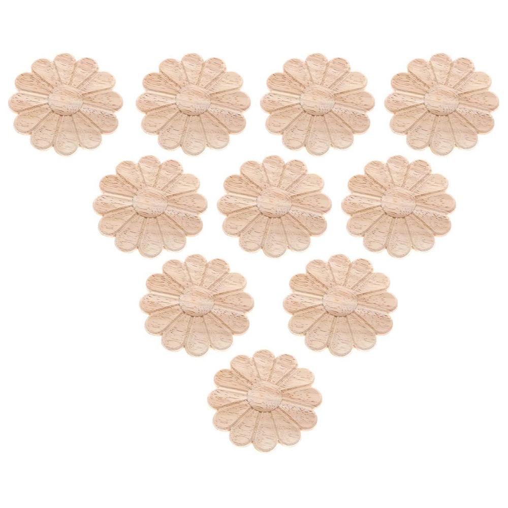 Aug. 10Pcs Unpainted Round Flower Pattern Wood Carved Applique Frame Onlay Cabinet Furniture Decoration 6Cm