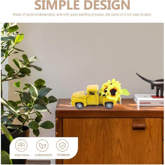 BESPORTBLE Farmhouse Yellow Truck, Vintage Truck Decor Yellow Truck with Flowers Rustic Metal Decorative Truck with Flowers for Home Table Decoration
