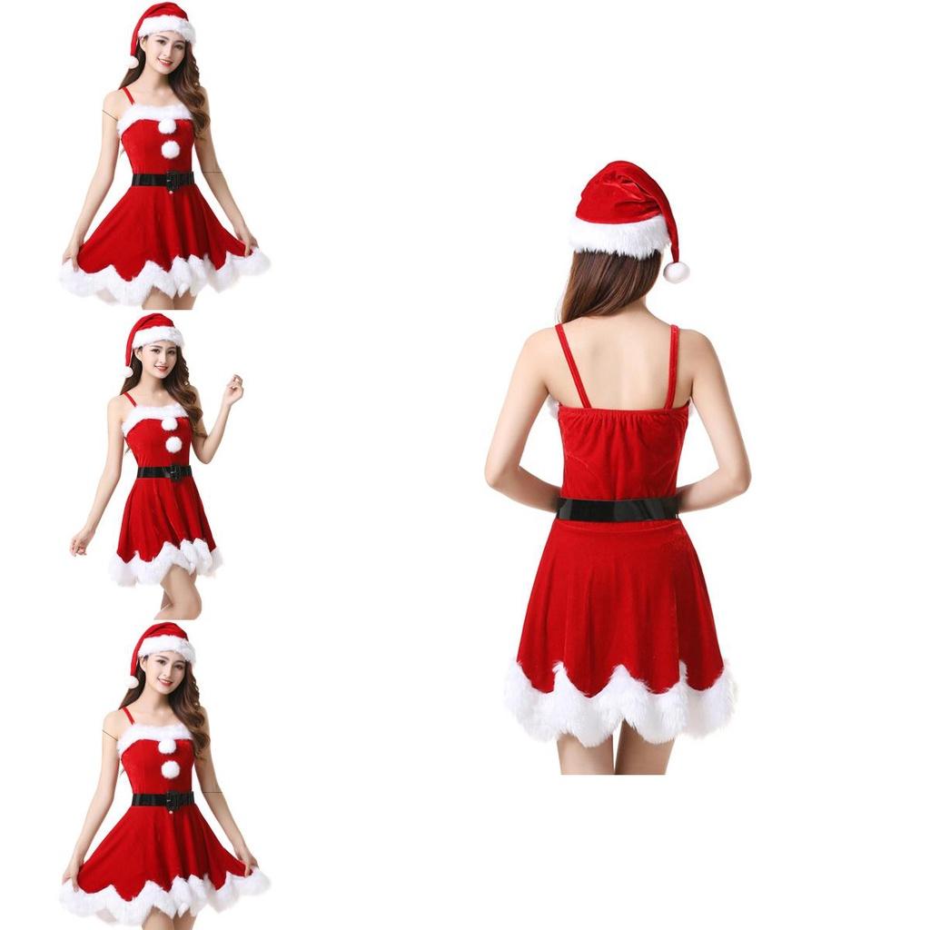 Red Velvet Women Christmas Costume With Soft Touch Santa Claus Dress And Hat