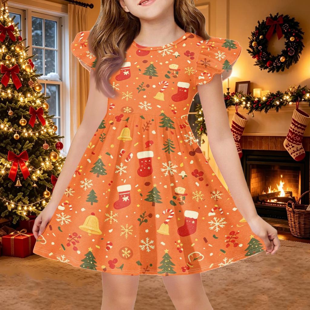 Kids Casual Christmas Print Sleeve Dress for Holiday Party and Everyday Wear