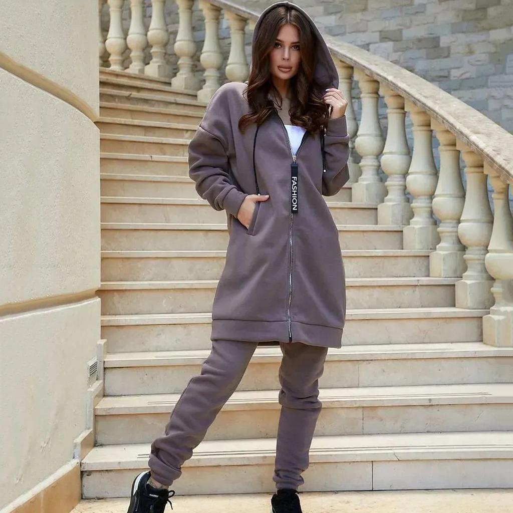 Women's Fashion Two-piece Solid Color Long-sleeved Sweatshirt Trousers Casual Set
