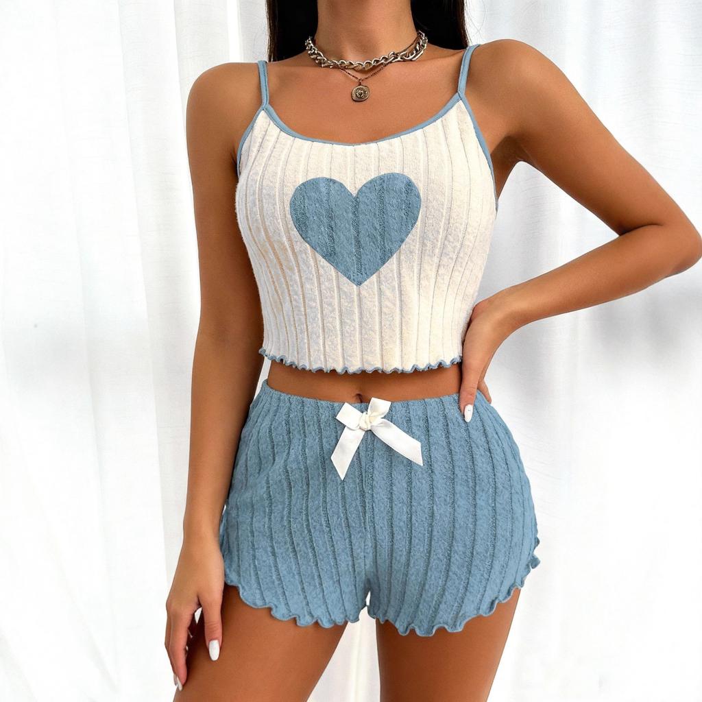 Women's Heart Print Ribbed Spaghetti Strap Crop Cami Top Bow Shorts Loungewear Two Piece Outfit Set