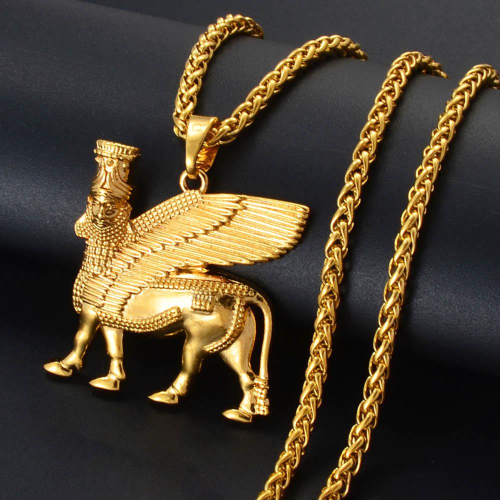 Anniyo Ashur Pendant Necklaces for Women Men Lama,Lamma,Winged Bull Lamassu is an Assyrian Protective Deity Jewelry #330806