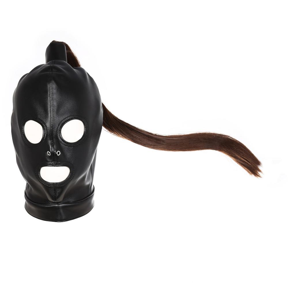 Slave Bdsm Bondage Head Mask PU Leather Hood SM Role Playing Game Erotic Party Mask Fetish Open Mouth and Eye Gimp Adult Sex Toy