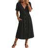 Women Short Sleeve V Neck Button Down Midi Dress with Pockets Casual Loose Fit Summer Linen Dress for Daily Wear