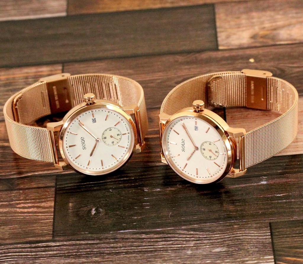 SOUE Pair Watch Classics Pair Watch Pair Couple 38mm Size Stainless Steel Belt Mesh Band Pink Gold Ivory Dial [SOUE] Women's Men's