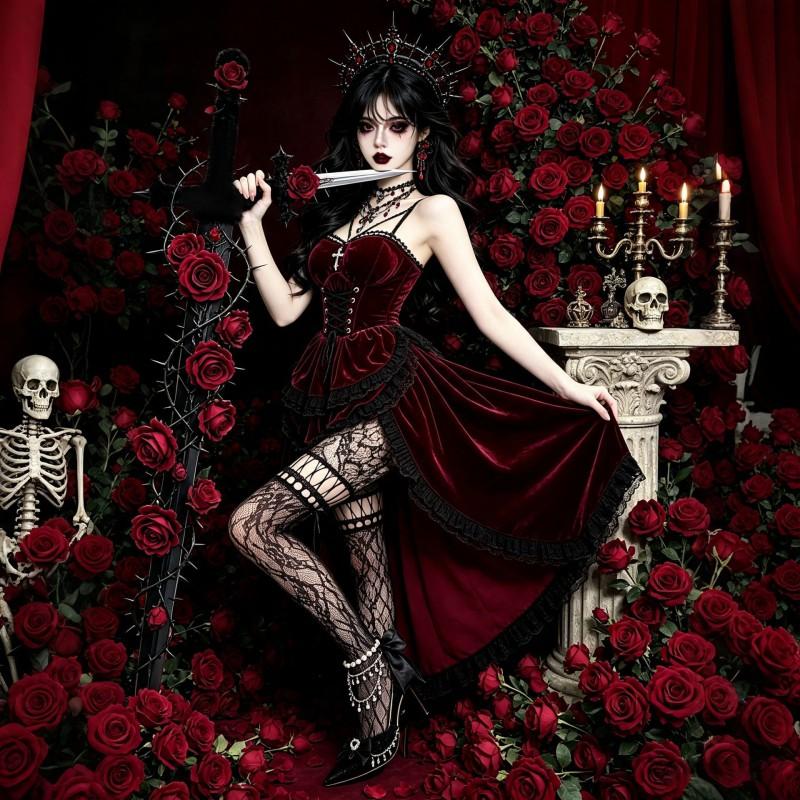 Gothic Vampire Costume Dress Wine Red Velvet Corseted Maxi Skirt Dark Queen Cosplay Outfit Halloween Party