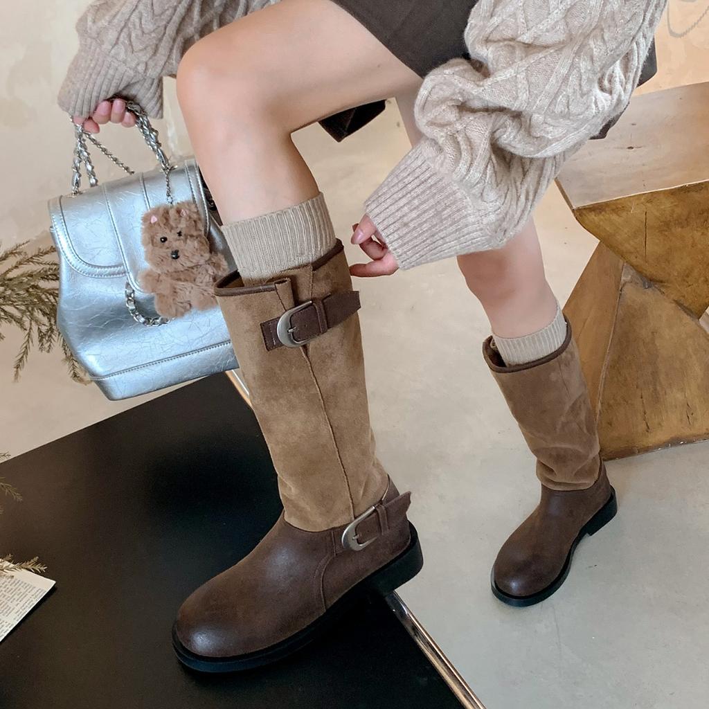 Soft Leather Edition~ Boots Women's Boots 2025 New Coarse Heel Round Head Splicing Western Boots Folded Pile Boots Knight Boots