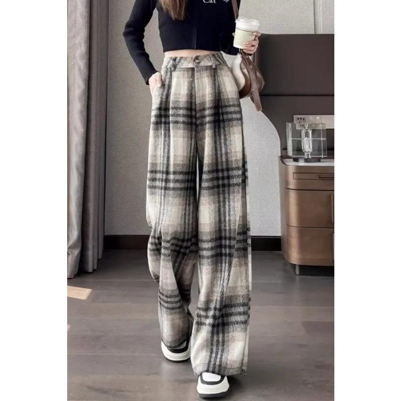 Samt Retro Wollplaid Weitbeinige Hosen für Damen mit Hoher Taille Schlank Lässig Gerade Trommel Bodenhosen