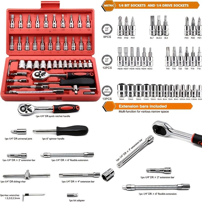 46-piece 1/4 Inch Drive Socket And Ratchet Wrench Set With Extension Bar Used For Car Motorcycle Maintenance And Household Use