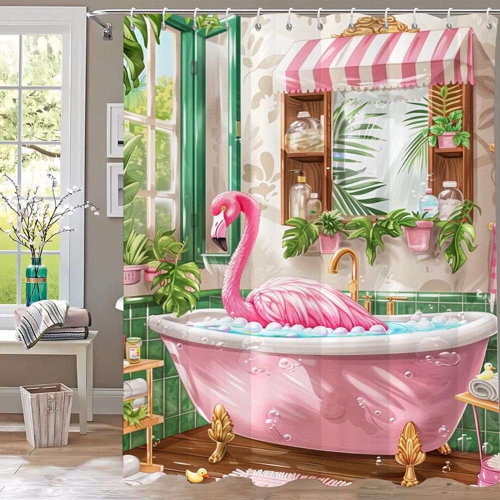Flamingo Bathing In Pink Bathtub Shower Curtain, Floral Art Bathroom Decorative Curtain, Printed Polyester Curtain With Hooks