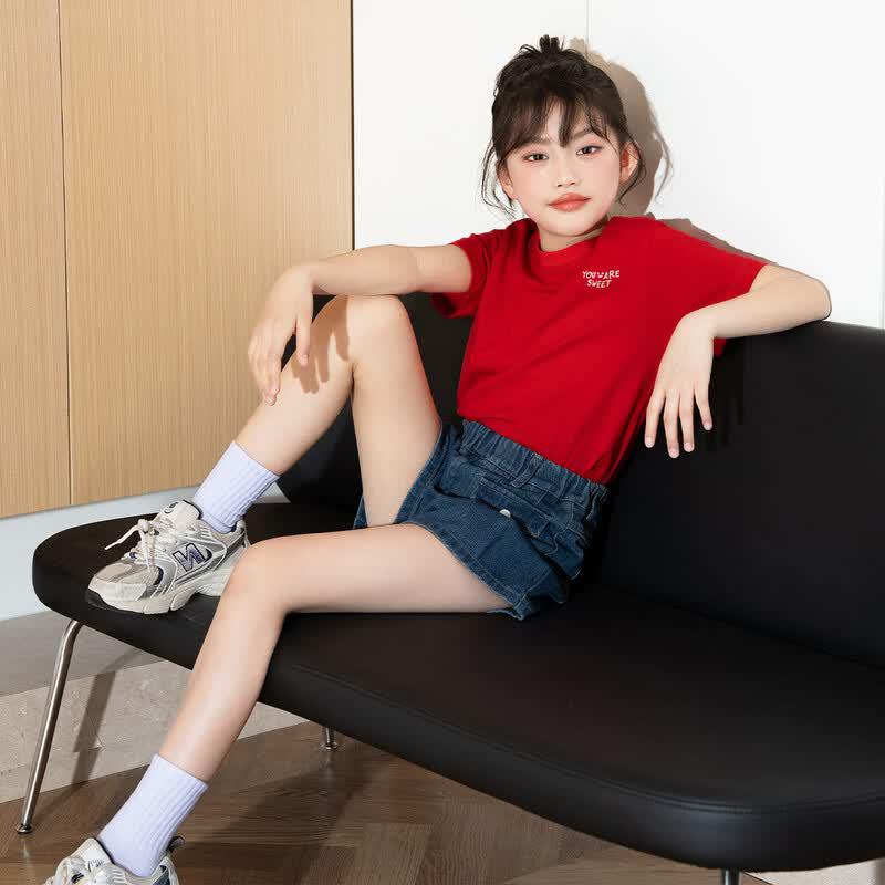 Tangshi Girls' 2026 Summer Cotton Short Sleeve T-Shirt