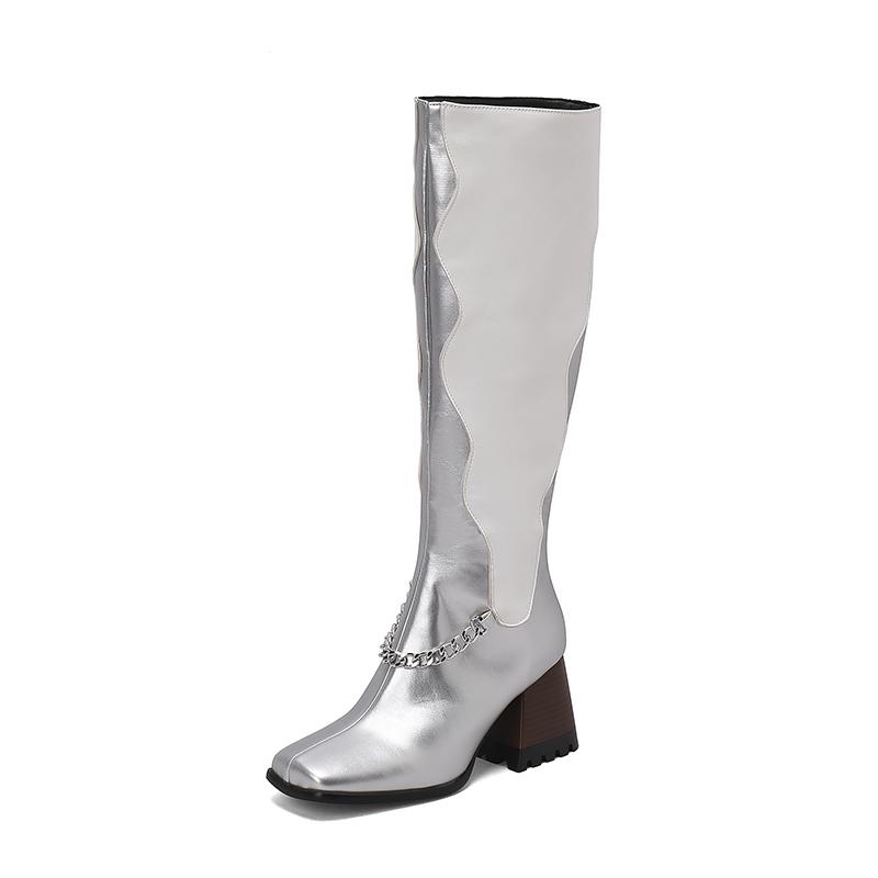 Hochwertige Lederstiefel für Damen Mode Dicke Hohe Absätze Kette Reißverschluss Kniehohe Stiefel Rutschfest Gemütliches Filzfutter Damenstiefel