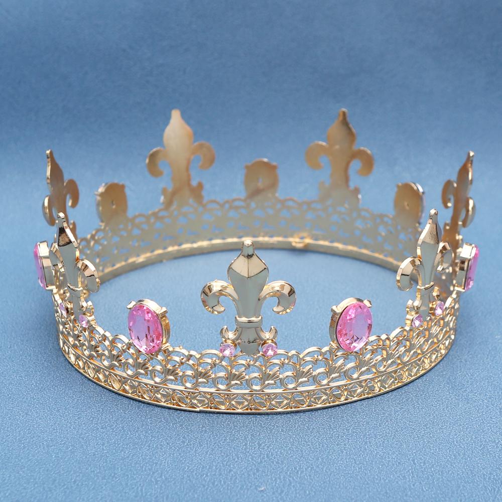 Luxury European and American Retro Baroque Style Crown Gold Gun Tip Shape Large Round Crown with Diamond Crystal Hair Accessorie