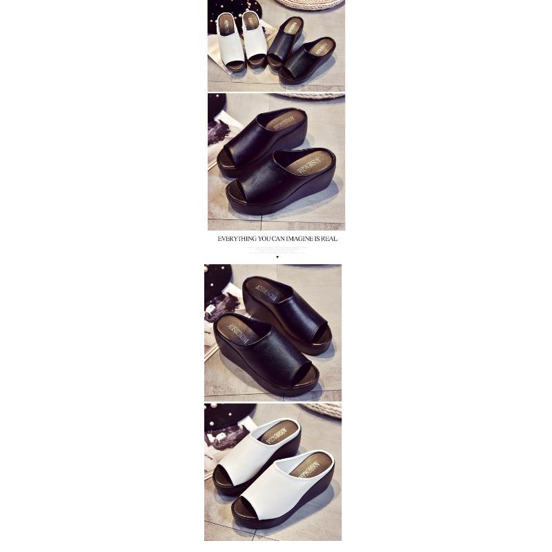 Women's Thick-sole Sandals Wear Leather Black and White Muffin High-heeled Fish Mouth Sandals Non-slip Wedge Sandals