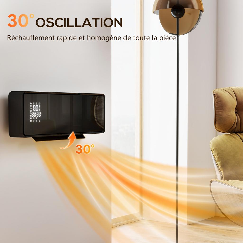 Ceramic Wall Heater 1000/2000W, Electric Radiator, Fan, Thermostat, Timer, 54x18.7x12.3cm, Black