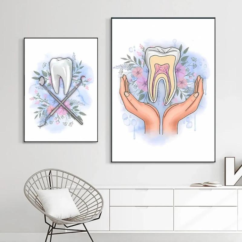 Abstract Watercolor Teeth Anatomy Flower Posters and Prints Dentist Wall Art Pictures Canvas Painting for Clinic Home Decoration