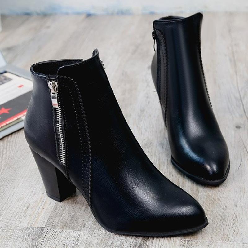 Fashion Women's Boots Chunky Heel Womens Ankle Boots Pu Leather Non Slip High Heels Side Zip Fashion Women Shoes Retro Zapatos De Mujer