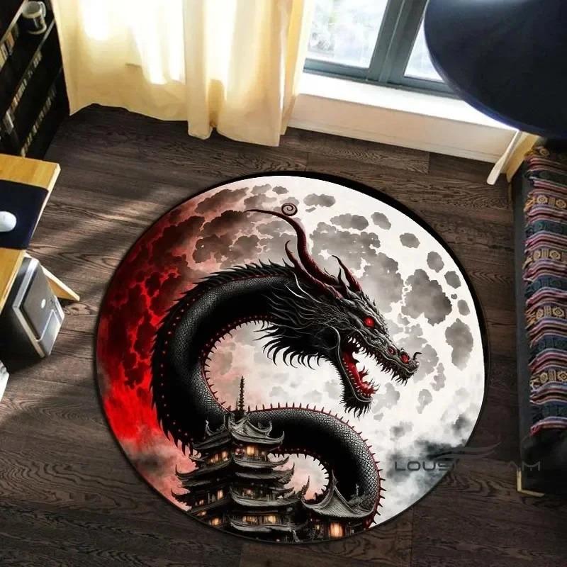 Animal Art Style Round Carpet 3D Printed Coiling Dragon Crouching Tiger Lion Pattern Children's Study Room Floor Mat