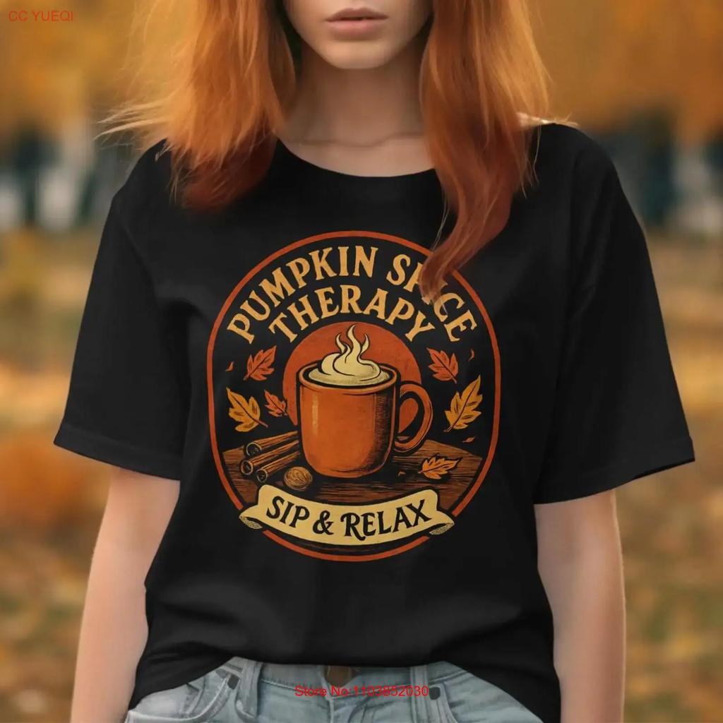 Pumpkin Spice Therapy T Shirt Cozy Fall Coffee Lover Vintage Washed Stretched Unisex Breathable Casual Comfortable Soft Graphic