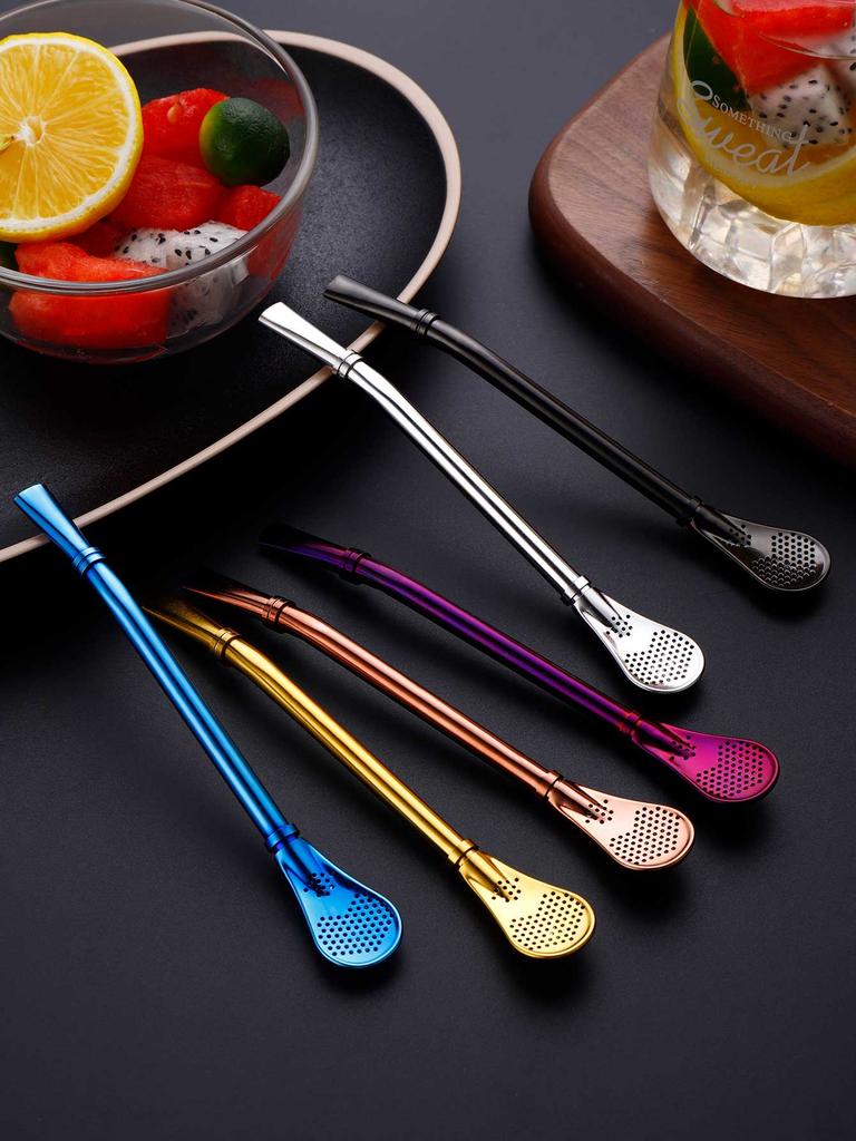 18/8 Colorful Stainless Steel Tea Drinking Straws Spoon Tea Filter Reusable Bombilla Gourd Tea Tools Bar Accessories