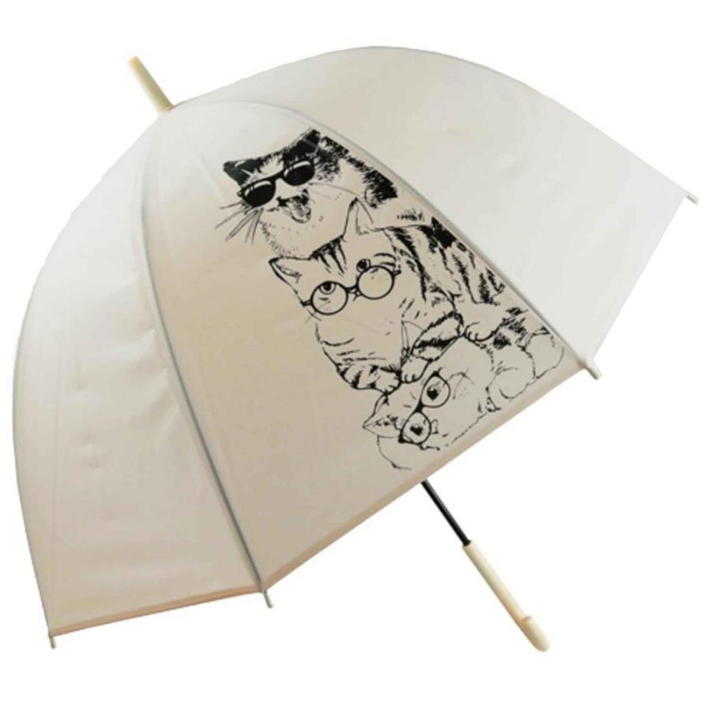 Basic Standard Long Umbrella for Large Manual Fiberglass Cute Cat Beige Women, Dome-Shaped, 65cm, Lightweight, Opening, Durable, Windproof, Ribs,