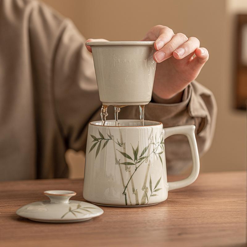Green Bamboo Ceramic Mug with Lid Tea Infuser Office Cup High Quality Drinking Cup