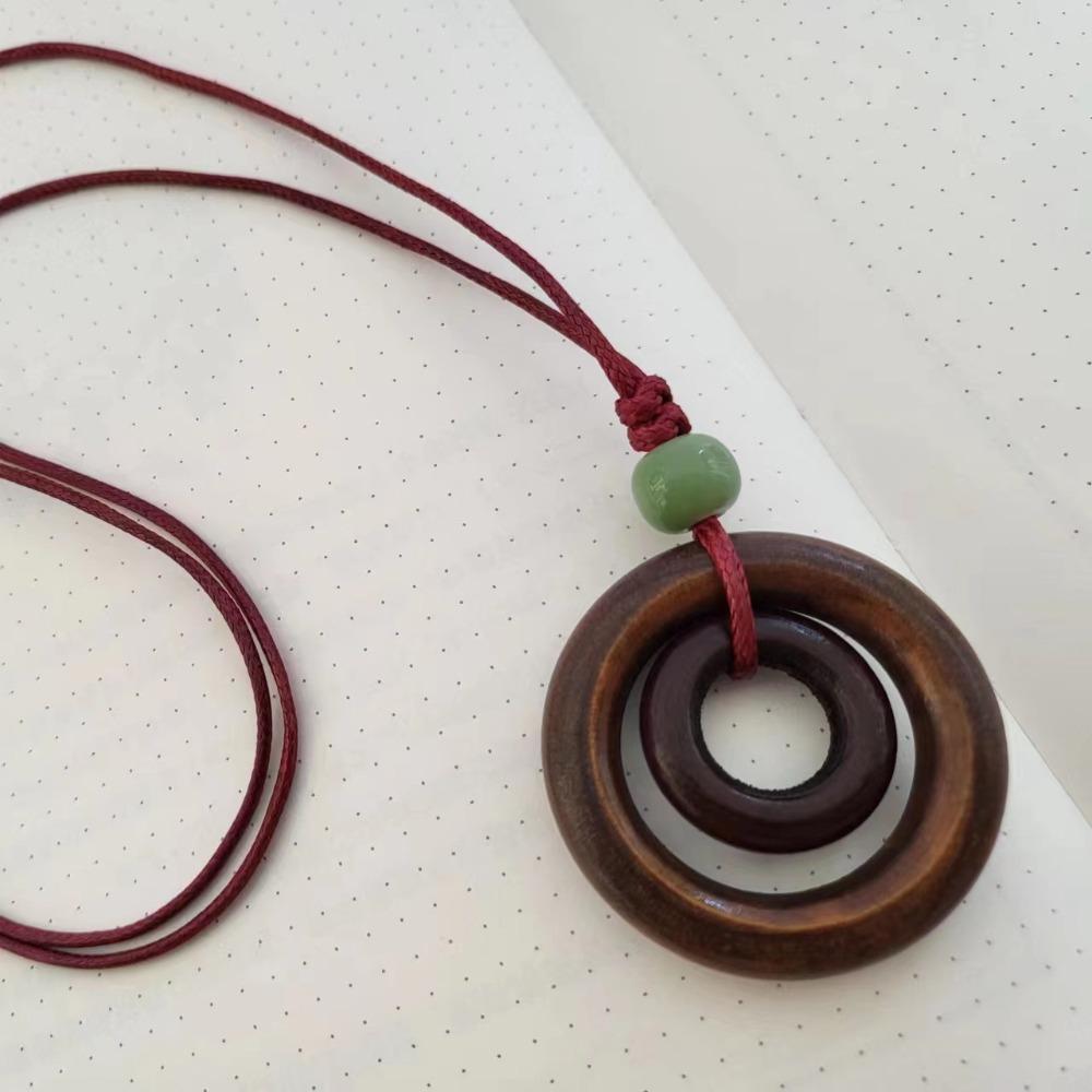 Kreativer Ethnisch Holz Doppelring Anhänger Geflochtene Lange Halskette für Damen Retro Temperament Halsband Kette Schmuck Zubehör Geschenk