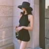 Women's Korean Style One-Piece Swimsuit - Black, Skirted, Backless, Slim Fit, Belly Covering