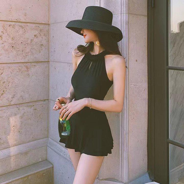 Women's Korean Style One-Piece Swimsuit - Black, Skirted, Backless, Slim Fit, Belly Covering